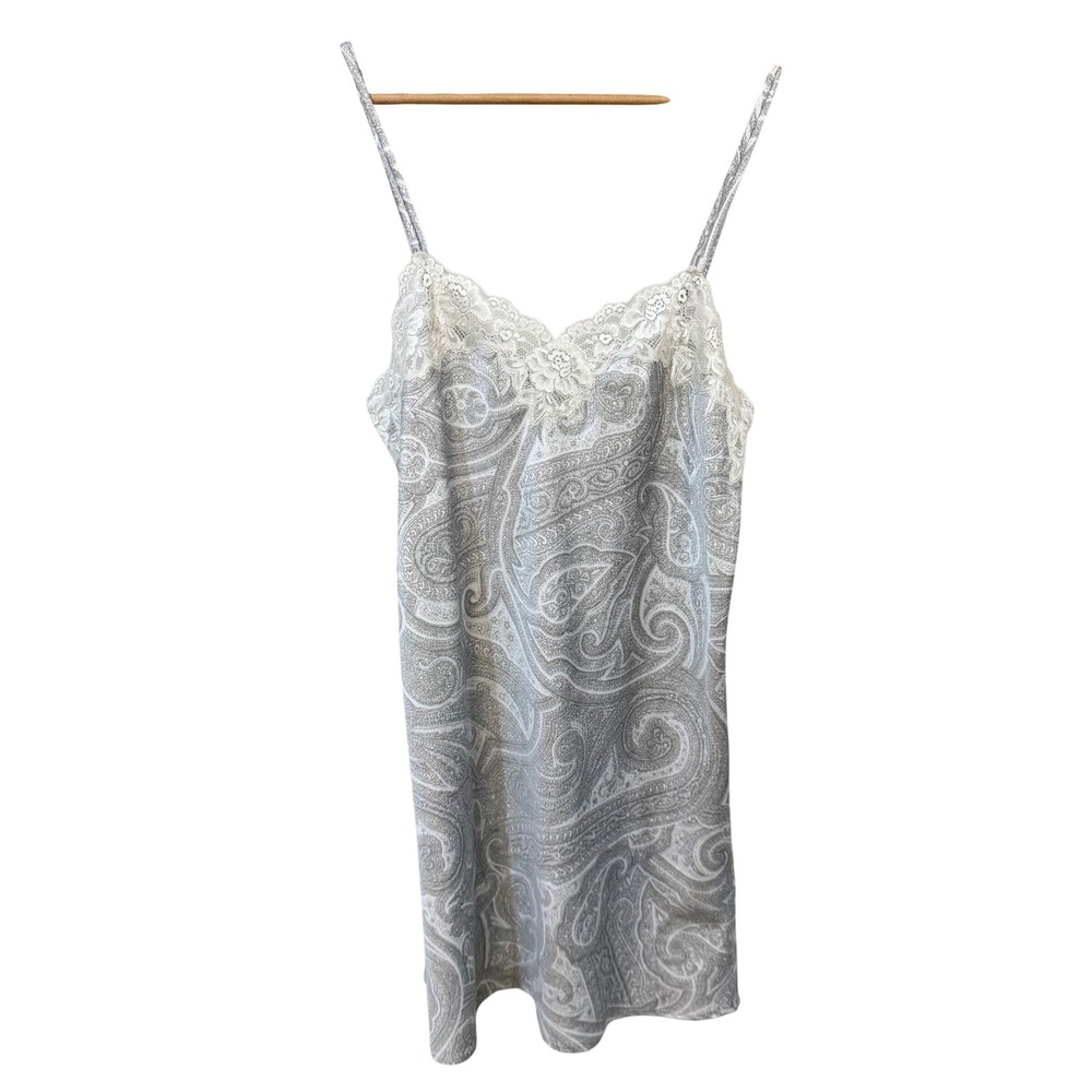 Lauren Ralph Lauren Nightgown M Gray White Paisley Lace Trim Satin Chemise